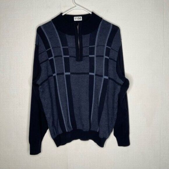 St. Croix 1/4 Zip Mockneck Sweater Men Size L Navy Plaid Knit Wool/Microfibe USA - Picture 1 of 11